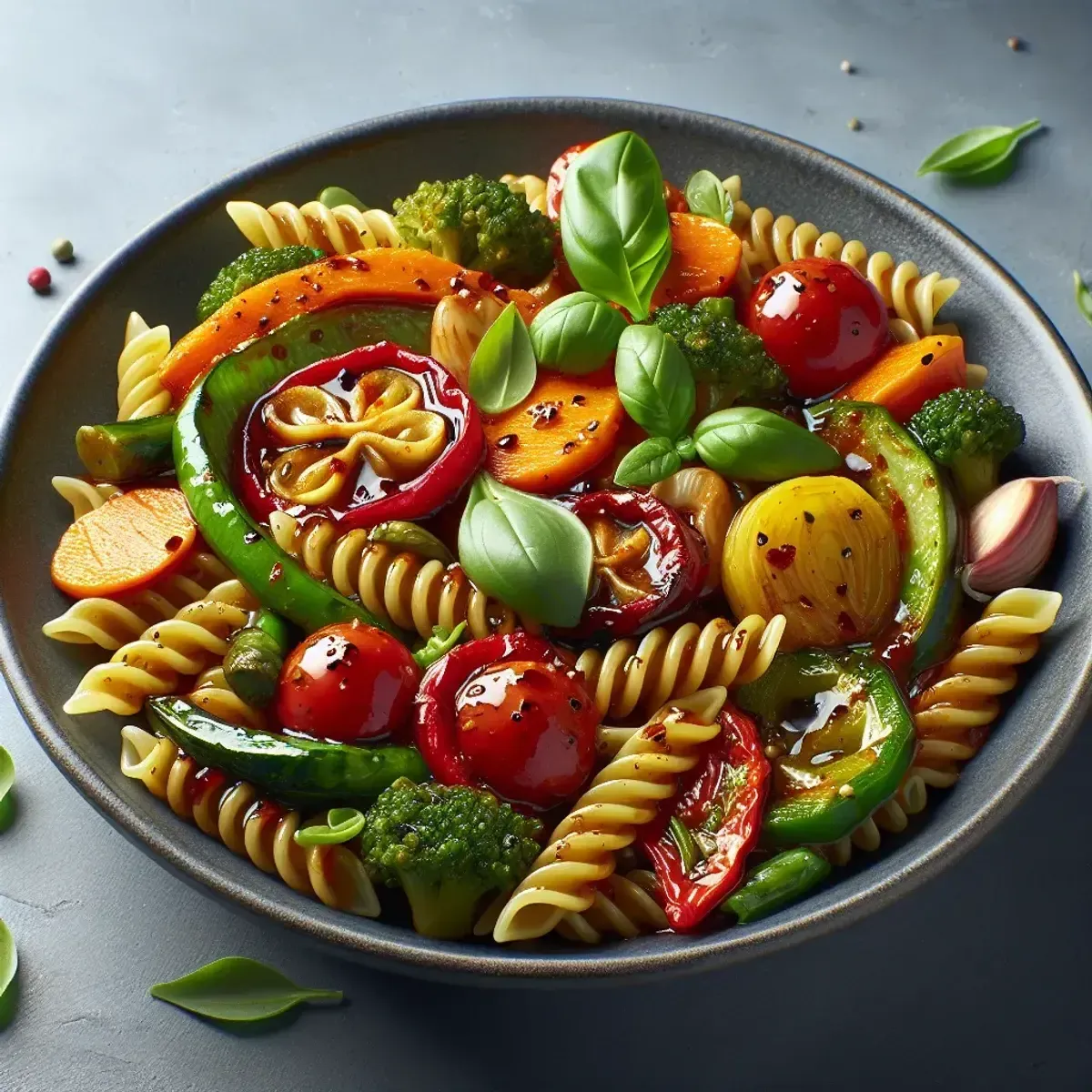 Fertige Schüssel One‑Pot‑Pasta mit saisonalem Gemüse und glänzender Sauce