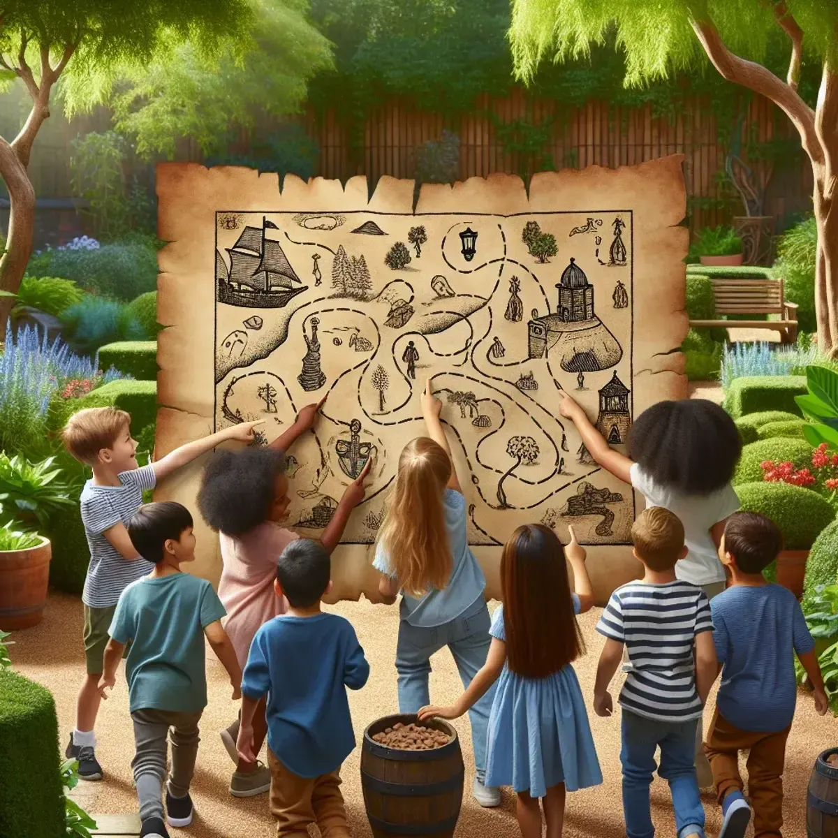 Handgezeichnete Schatzkarte und Kinder, die Hinweisen im Garten folgen