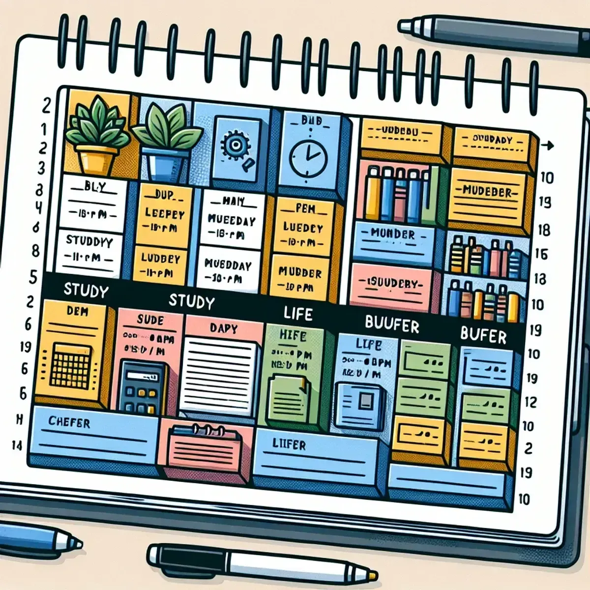 Filled weekly planner with study, life, and buffer blocks