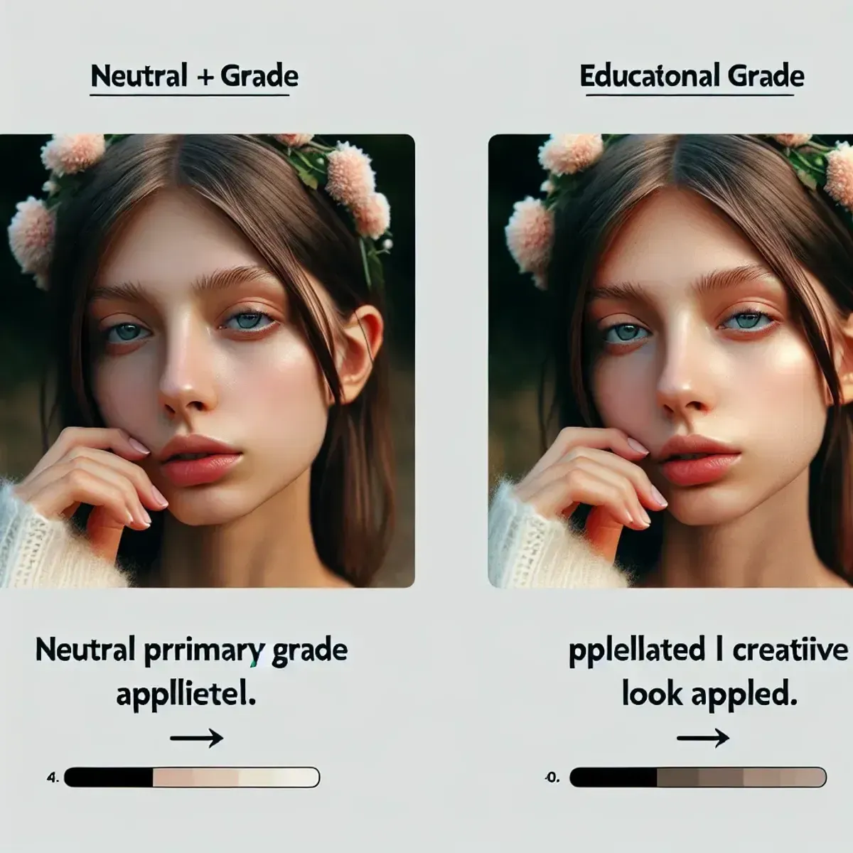 Frames antes e depois mostrando gradação primária neutra e look criativo sutil aplicado