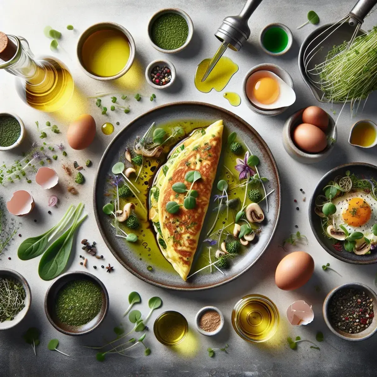Kräuteröl, Chimichurri und Omelett auf dem Teller mit Microgreens