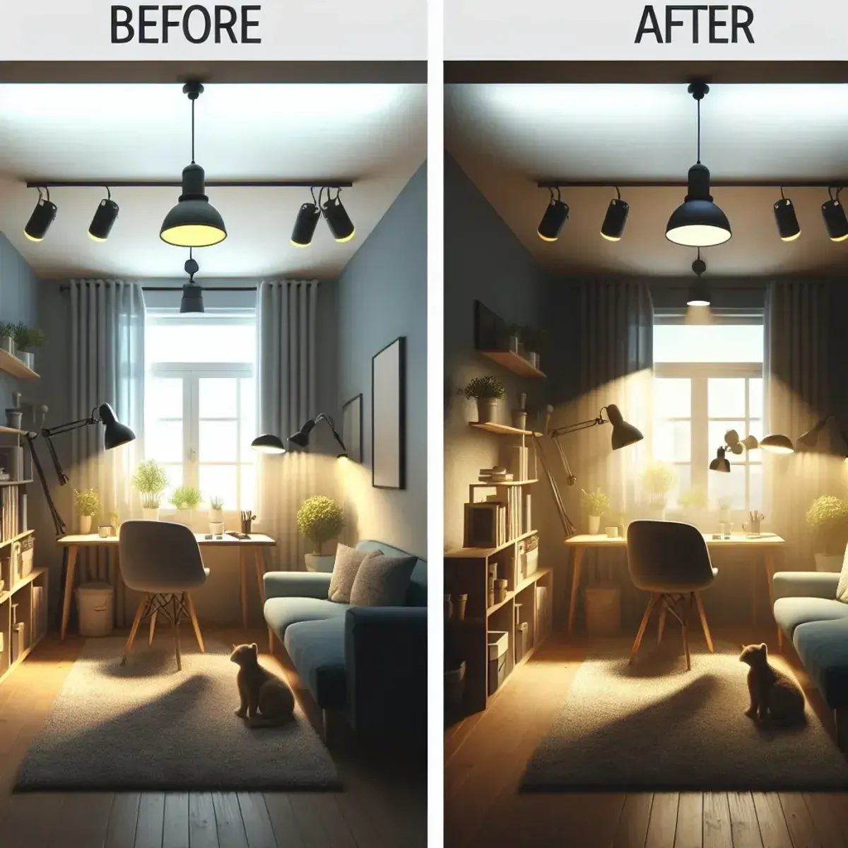 Vorher/nachher Vergleich motivierter 3‑Punkt‑Beleuchtung in einem kleinen Raum