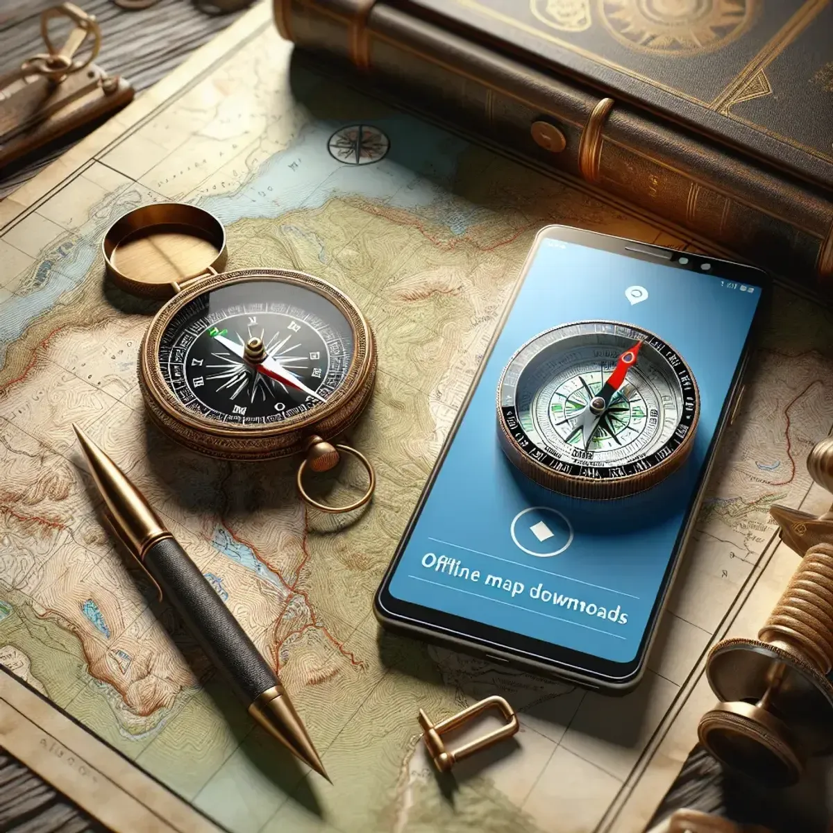 Topo map and compass with smartphone showing offline map downloads