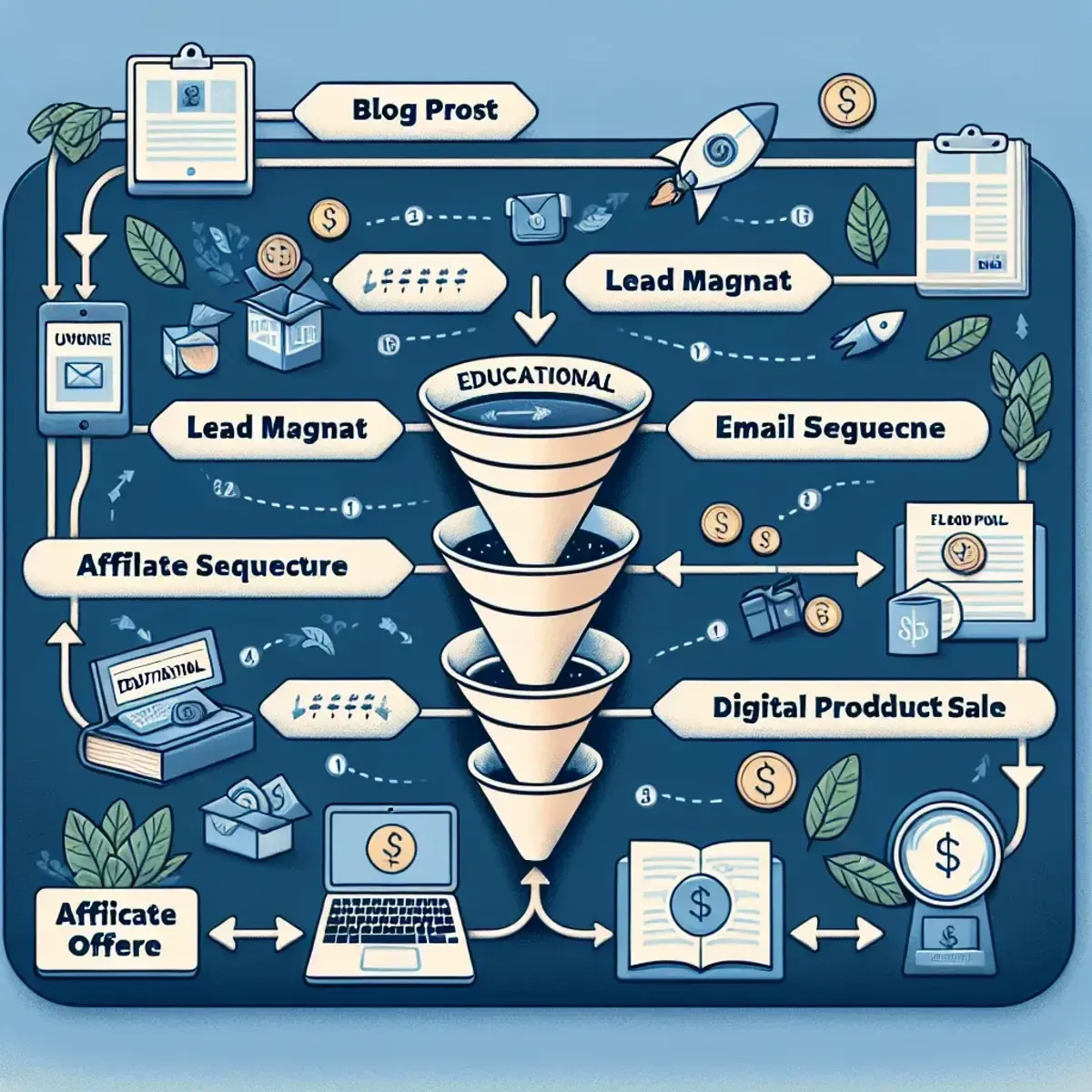 Funnel-Diagramm: blog post → lead magnet → email sequence → affiliate offer → digital product sale