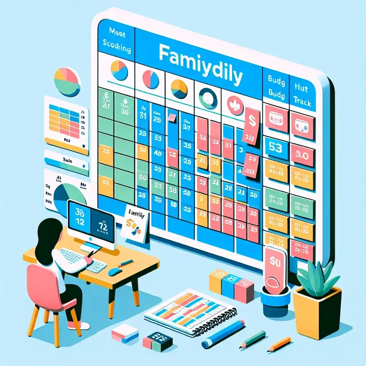 A family whiteboard calendar with colour-coded activity blocks and a small budget tracker