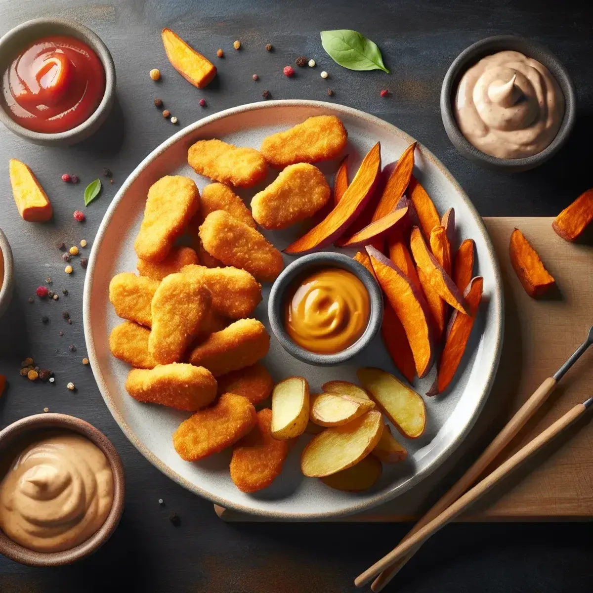 Nahaufnahme gebackener Hähnchen-Nuggets und Süßkartoffelspalten mit Dips