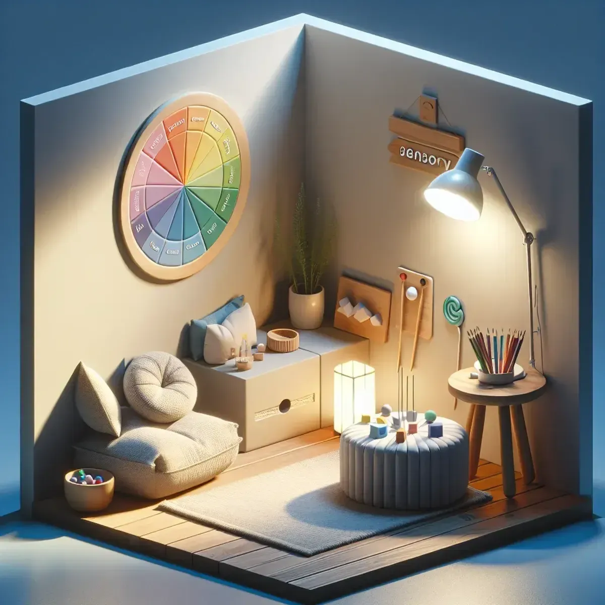 Ein einfacher Beruhigungsbereich mit sanftem Licht, Gefühlsrad und sensorischen Hilfsmitteln