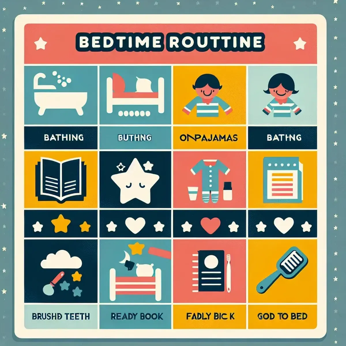 Bedtime routine chart with icons for bath, pajamas, brush, book, bed