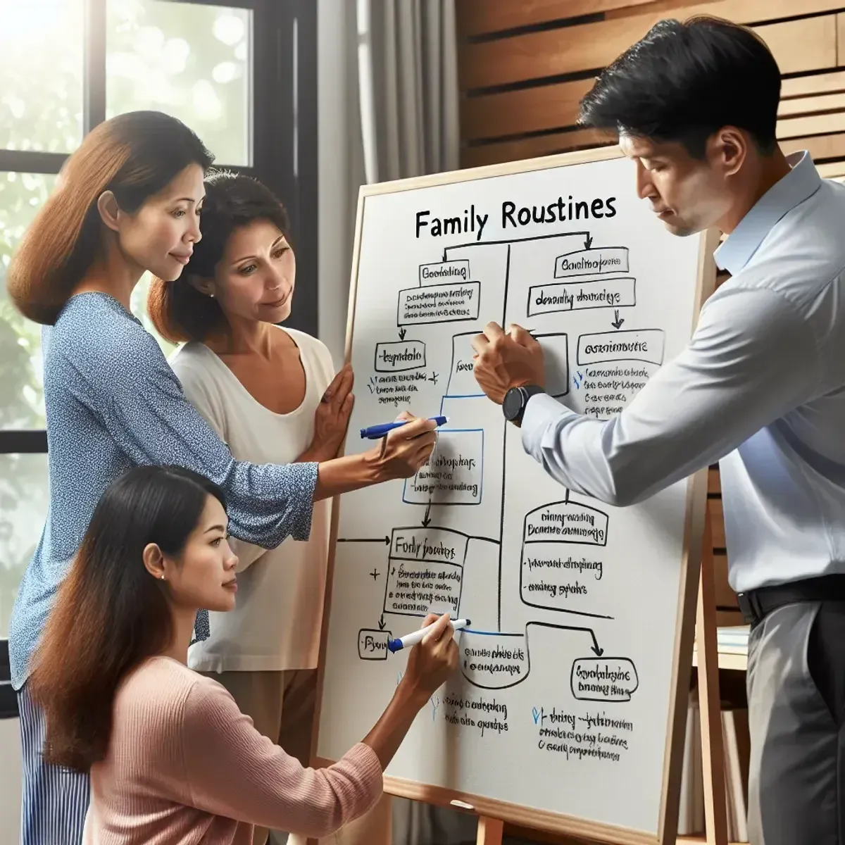 Eltern nutzen ein Whiteboard, um Familienroutinen und Vereinbarungen zu planen