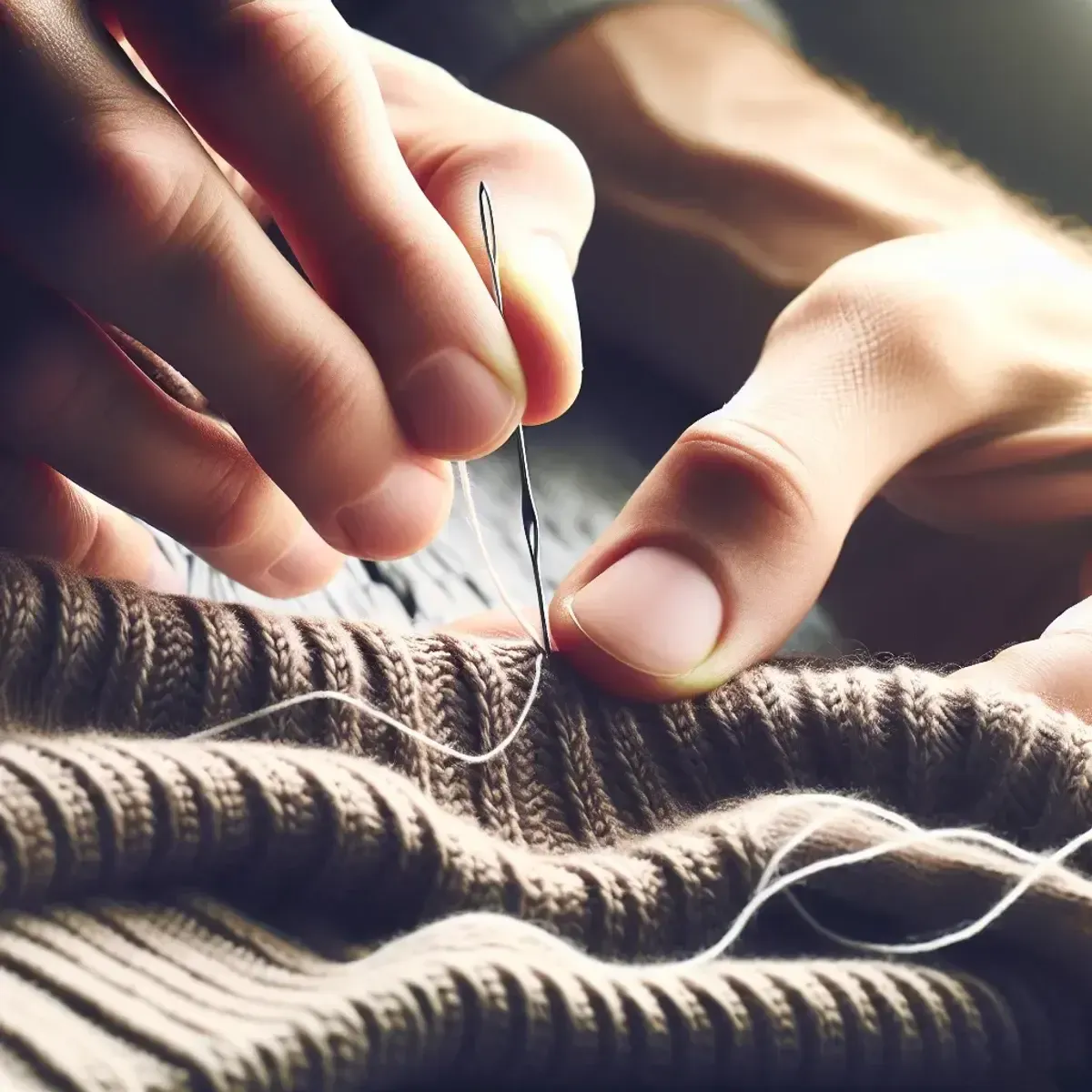 Hand mending a sweater with needle and thread