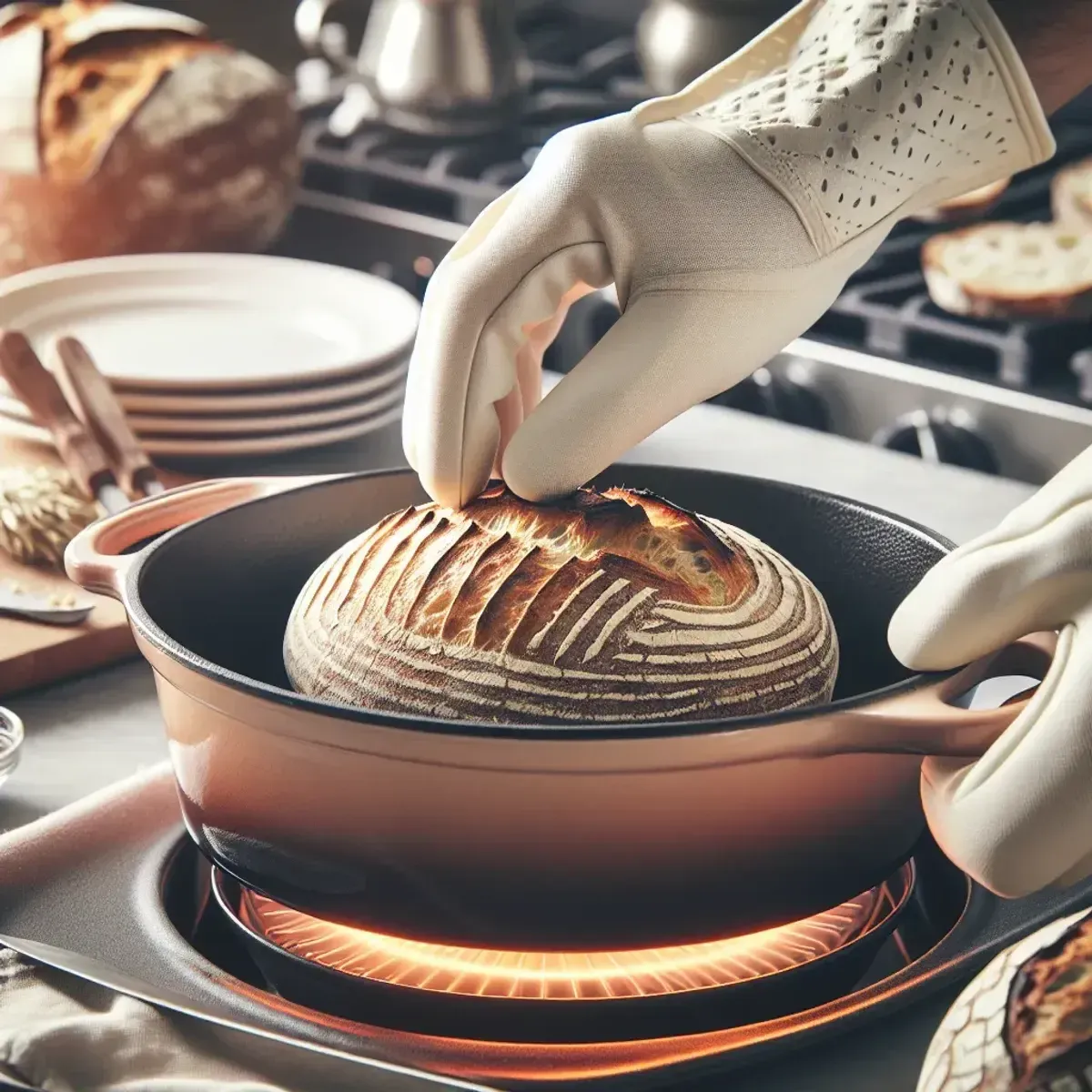 Eingeritzter Sauerteig wird in einen vorgeheizten Dutch Oven geschoben