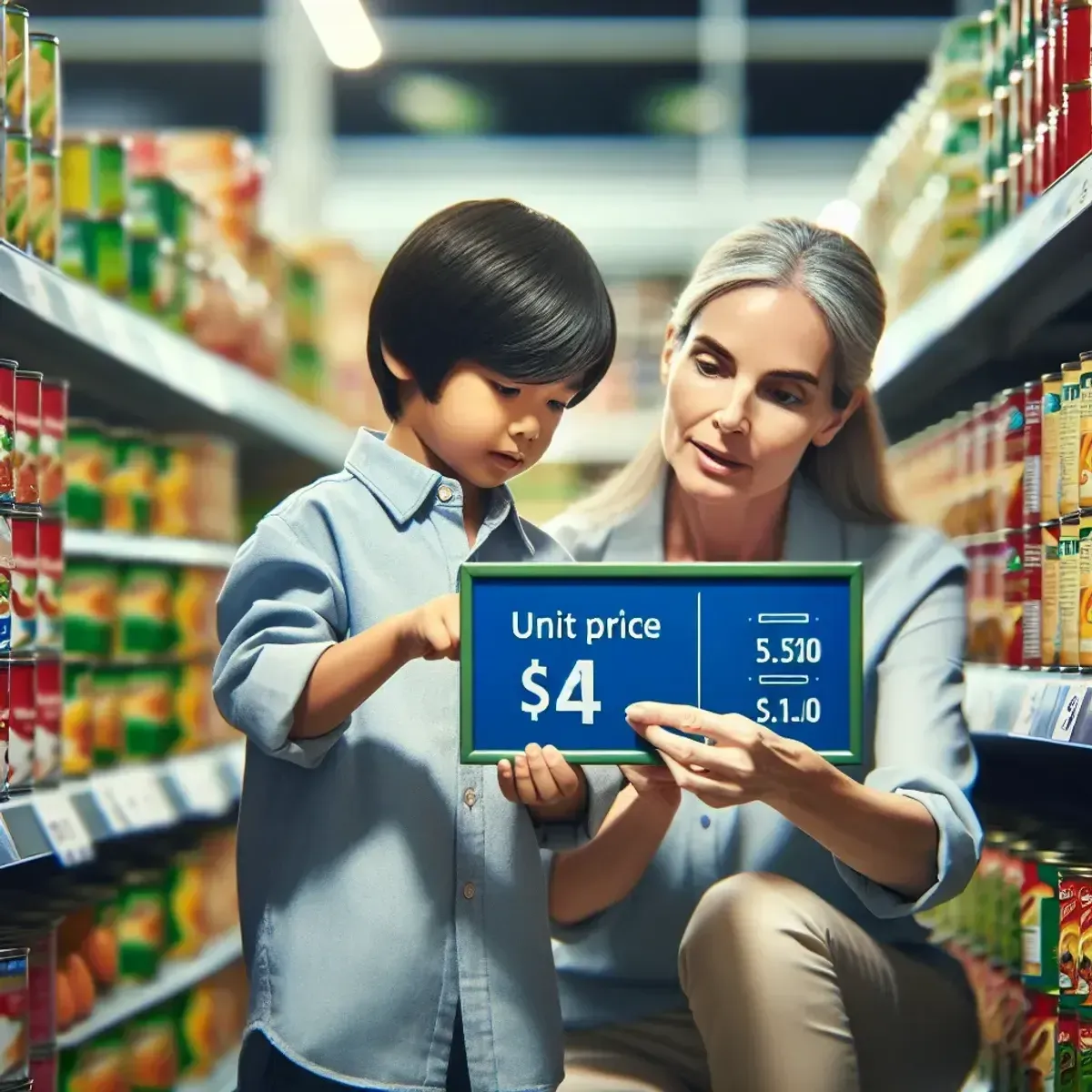 Child comparing unit prices on a grocery shelf with a parent guiding the decision