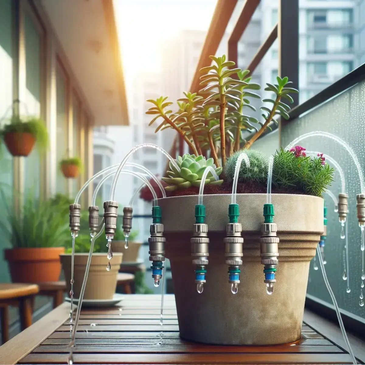 Close-up of drip emitters feeding container plants on a balcony